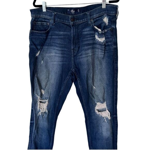 Hollister Blue Denim Distressed High-Rise Athletic Skinny Jeans Size W36 L 32 - Picture 2 of 11